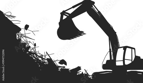Heavy construction excavator working on a pile of scrap metal at the industrial demolition site