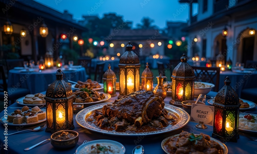 Fototapeta premium Outdoor Night Dining Scene with Traditional Lanterns and Large Meat Platter on Table