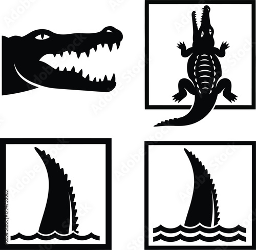 Black silhouettes of crocodile and shark white