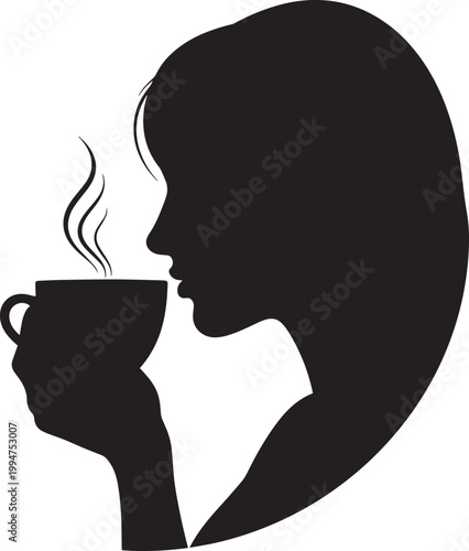 Silhouette of woman enjoying hot coffee with steam rising delicate profile drinking warm beverage.