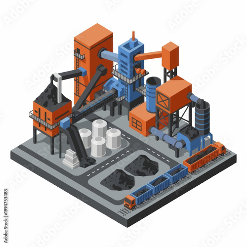 Industrial factory complex with machinery and coal piles.