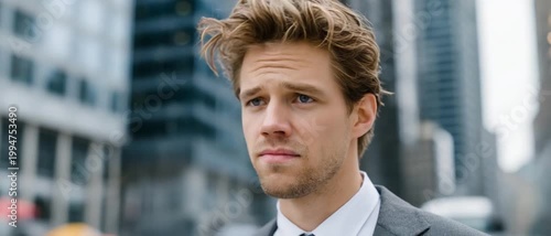 Urban contemplation: A man stands amidst an urban landscape, lost in thought, the city's backdrop mirroring the depth of his introspection.