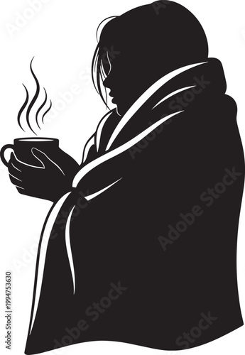 Silhouette of woman wrapped in cozy blanket holding steaming coffee cup on cold morning isolated black vector profile illustration.