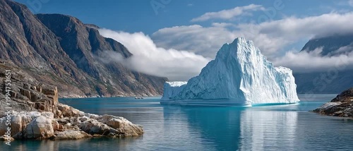 Iceberg Amidst Majestic Mountains: An awe-inspiring iceberg floats serenely in a vast expanse of blue, framed by towering mountains under a partly cloudy sky, embodying the raw beauty of nature.