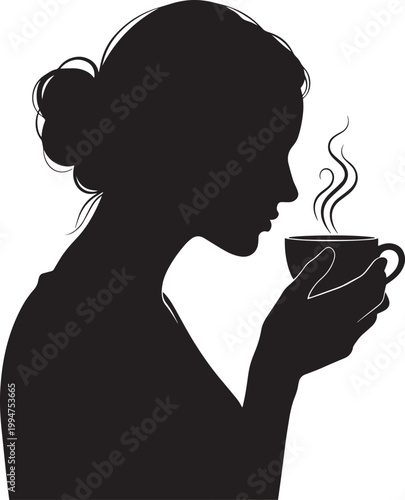 Profile silhouette of elegant woman with hair bun smelling aroma of hot cup of tea or coffee with steam swirls black vector design.