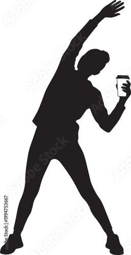 Active person silhouette stretching arms while holding take away coffee cup in hand morning exercise and caffeine energy concept.