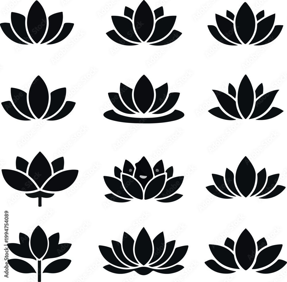 Obraz premium Elegant lotus blossoms silhouette vector, minimalist floral design, black and white botanical illustration, nature inspired decorative icon
