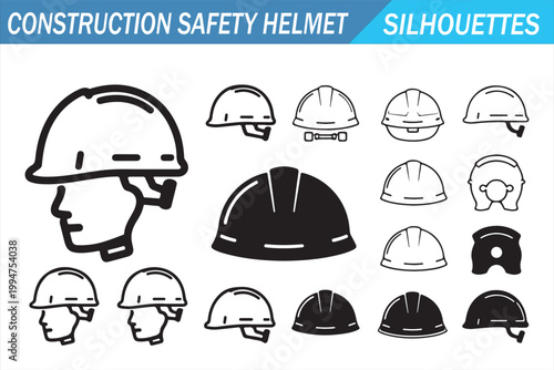 Construction safety helmet silhouettes icon set isolated on white background, black hard hat symbols collection with industrial protective headgear variations for builder, engineer, labor, and site sa