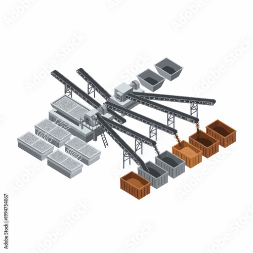 Industrial mining and processing plant with conveyor belts and bins.