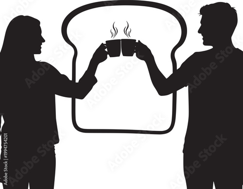 Silhouette of couple toasting with coffee cups inside toast shape isolated on checkered background.