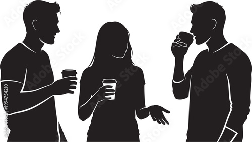 Silhouette of three friends talking and drinking coffee together isolated on checkered background.