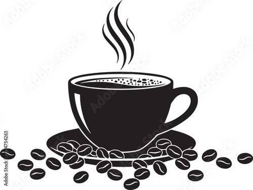 Stylized black vector illustration of hot steaming coffee cup on saucer surrounded by scattered roasted beans on grey background.