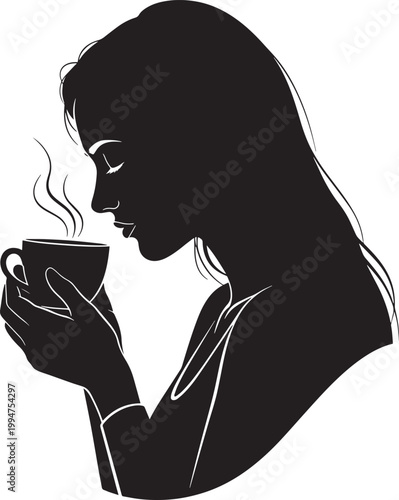 Profile silhouette of woman holding steaming cup close to face smelling aroma of hot beverage with eyes closed in peaceful moment.