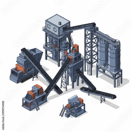 Industrial plant with conveyor belts and silos for processing materials.