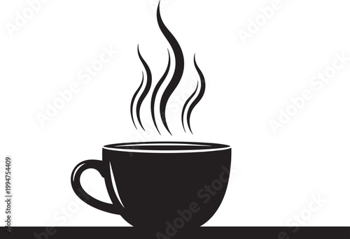 Steaming hot cup of coffee silhouette with smoke swirls for morning routine cafe logo and breakfast branding design illustration.