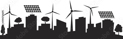 Modern city skyline silhouette featuring green energy solutions like wind turbines and solar panel arrays