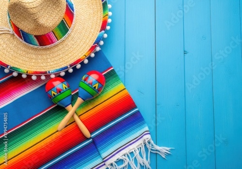 Colorful sombrero and maracas on vibrant striped blanket