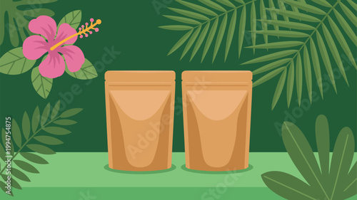 Eco friendly Kraft paper packaging pouches for organic products displayed against a lush tropical forest background with green exotic foliage.
