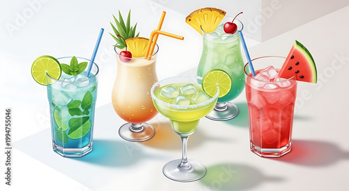 Collection of five colorful tropical cocktails with fruit garnishes and ice cubes, refreshing summer drinks