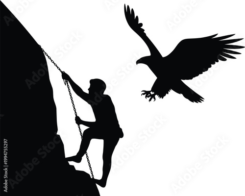 Silhouette of a determined hiker climbing a steep mountain cliff with a majestic eagle flying nearby