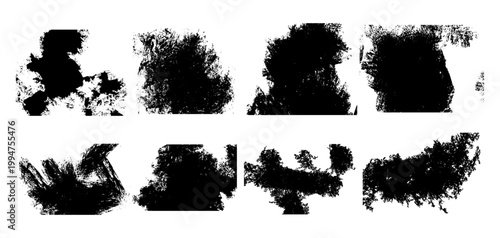Set of  features a variety of black grunge textures, ink splashes, and rough brush stroke elements. Perfect for overlays, posters, and digital artwork.