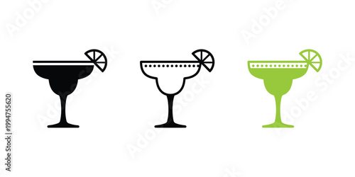 Margarita glass icons set cocktail glass silhouettes with lime slice and salted rim flat solid monochrome thin outline and color vector design