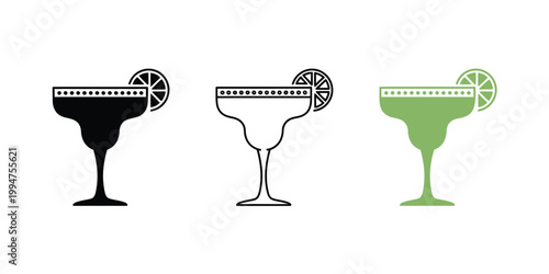 Margarita glass icons cocktail silhouettes with salt rim and lime slice flat monochrome outline and full color simple vector illustration isolated