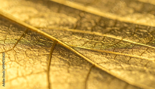 Close up of golden leaf texture with detailed veins and natural patterns