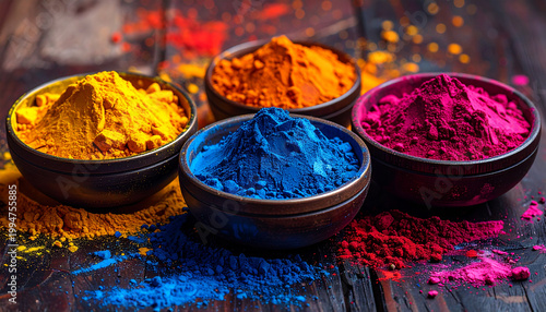 Colorful powder bowls on wooden surface