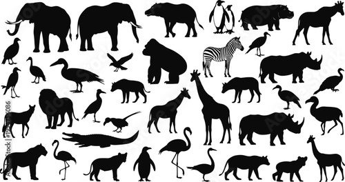 Collection of wild animal silhouettes including elephant giraffe zebra lion penguin birds crocodile vector set isolated on white background for design and branding use