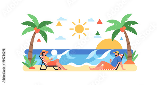 A vibrant, stylized tropical leaf and shapes create a joyful, summery feel. Perfect for social media posts, website graphics, and illustrating travel 