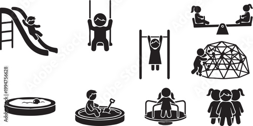 vector icons of children playing on various playground equipment isolated on transparent background