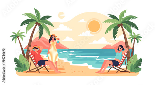 A vibrant illustration depicts a peaceful island getaway, conveying a sense of relaxation and escape. Ideal for travel marketing or website design.