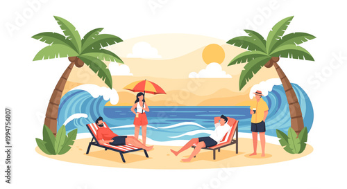 A vibrant illustration evoking relaxation and warmth, perfect for travel advertising, resort websites, or social media content needing a tropical feel