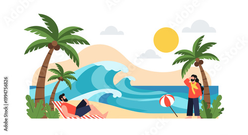 A vibrant, flat illustration evoking a peaceful tropical escape. Perfect for travel blogs, website backgrounds, or social media content conveying rela