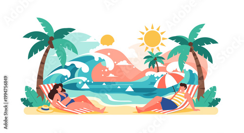 A cheerful illustration evokes summer relaxation and carefree vibes. Perfect for travel blogs, resort marketing, or social media campaigns promoting h