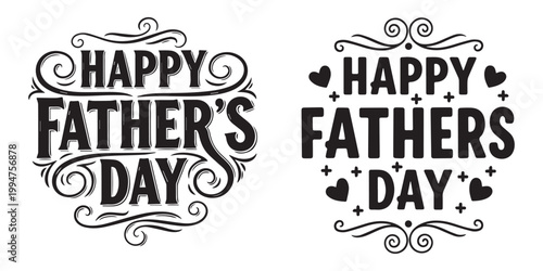 Happy Father's Day Greeting Typography Vector Set with Decorative Flourishes and Hearts