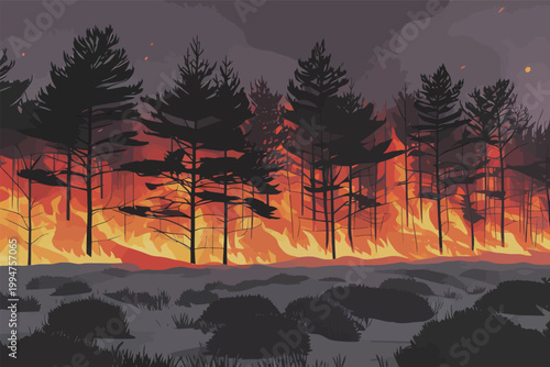 Forest Fire Illustration with Burning Trees and Grass