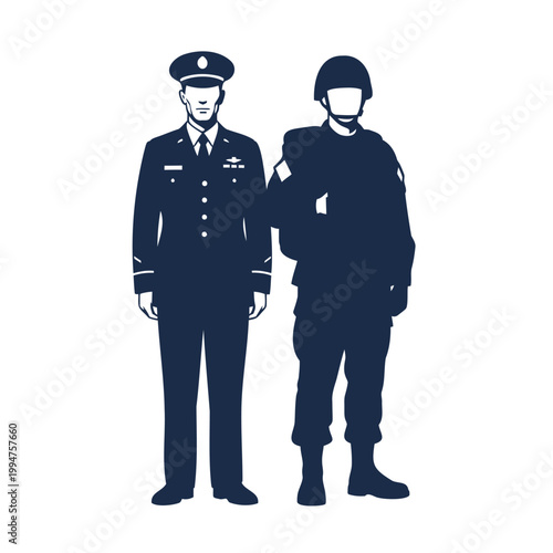 Vector illustration of a pilot and a soldier standing side by side in navy blue