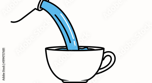 Minimalist Illustration of Blue Liquid Pouring into a White Cup