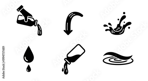 Set of liquid flow and water splash icons in flat black style
