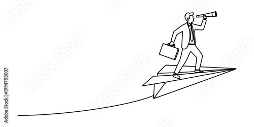 Businessman standing on a paper plane with a telescope