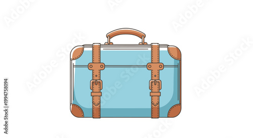 Blue vintage suitcase with brown leather straps and handle isolated on white background.