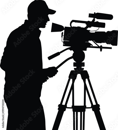 Professional cameraman silhouette operating a digital video camera on tripod for film production news broadcast and creative media cinematography industry.