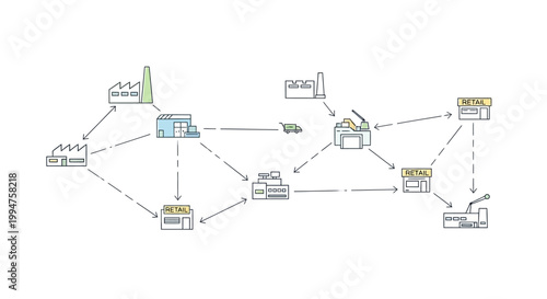 Illustration of a complex supply chain and logistics network with factories, warehouses, trucks, and distribution centers.