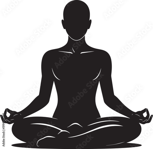 Human meditation pose silhouette in lotus position with hands in mudra with black and white