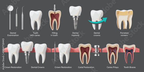 Dental illustration depicting various tooth conditions and restorative procedures including implants and crowns high quality professional detailed modern elegant stylish clean crisp vibrant