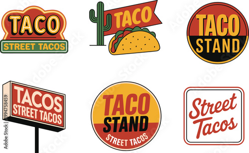 A collection of colorful retro style signs advertising tacos and taco stands featuring various design elements high quality professional detailed modern elegant stylish