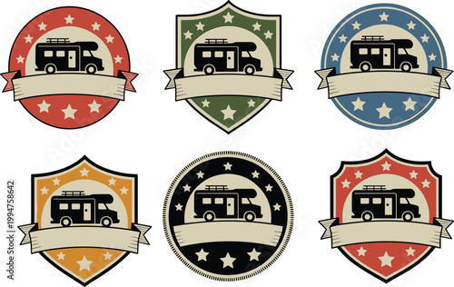 Set of six colorful RV camper van badges with star ratings and banners