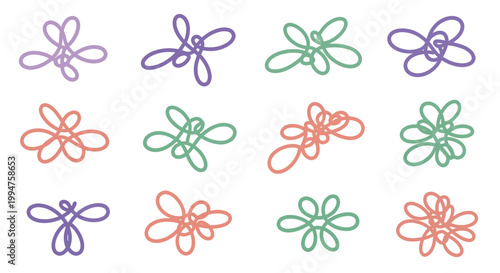 Set of Abstract Line Art Doodle Elements with Whimsical Floral Shapes and Scribble Ornaments in Pastel Colors Isolated on White Background